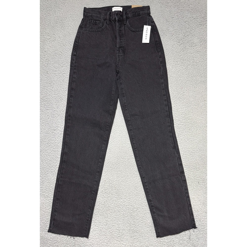 NEW PacSun Black Straight Leg Button Fly Dad Jean Size 23 HIgh Rise Frayed Hem